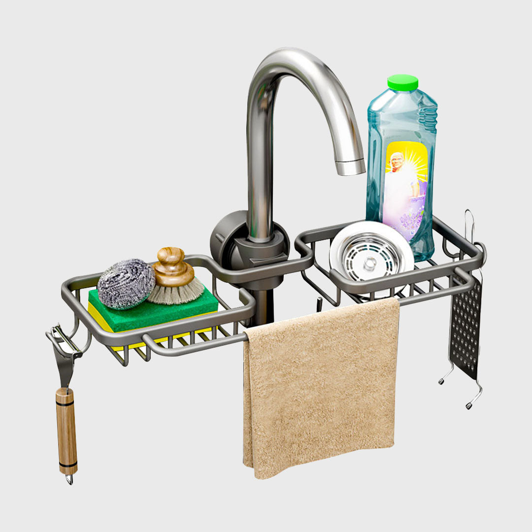 Dark Grey Kitchen Sink Faucet Organiser with Towel Bar Holder