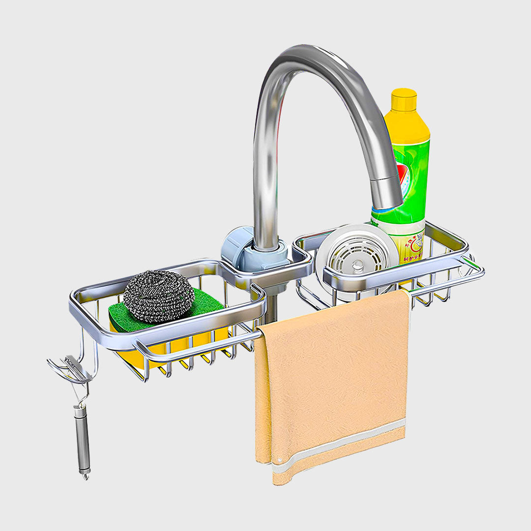 Silver Kitchen Sink Faucet Organiser with Towel Bar Holder