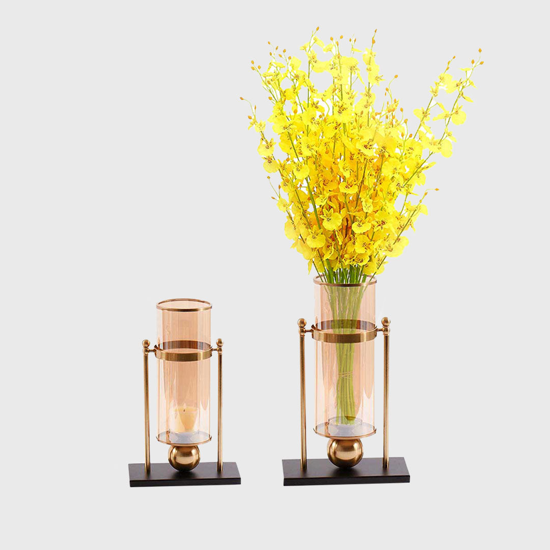 42cm 32cm Transparent Glass Vase with Yellow Flower and Candle Set