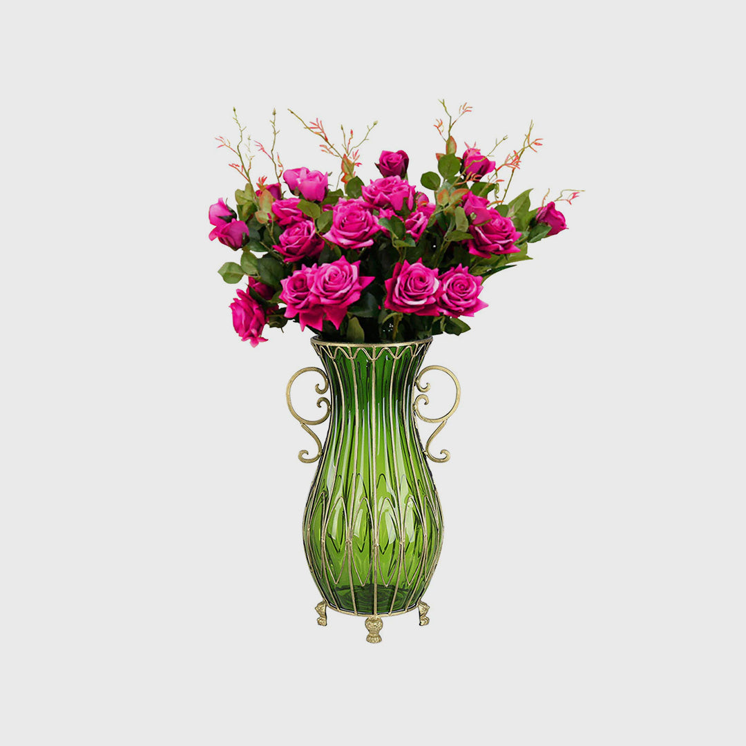 51cm Green Glass Floor Vase with 12pcs Artificial Flower Set
