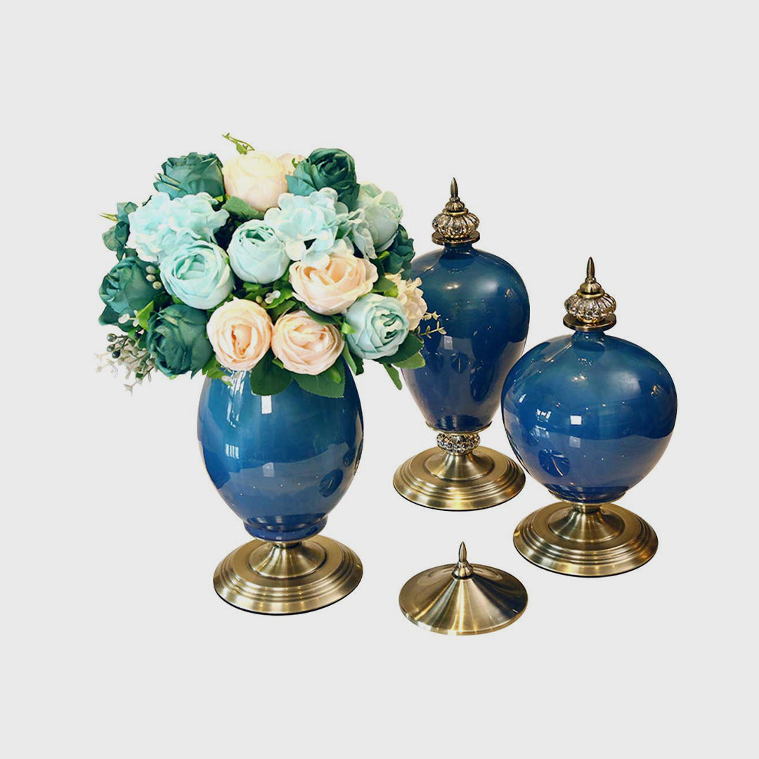 3x Ceramic Vase with Blue Flower Set Dark Blue