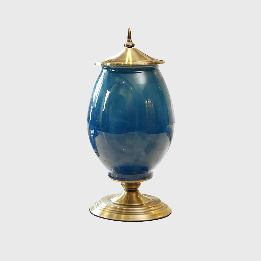 40cm Ceramic Vase with Gold Metal Base Dark Blue