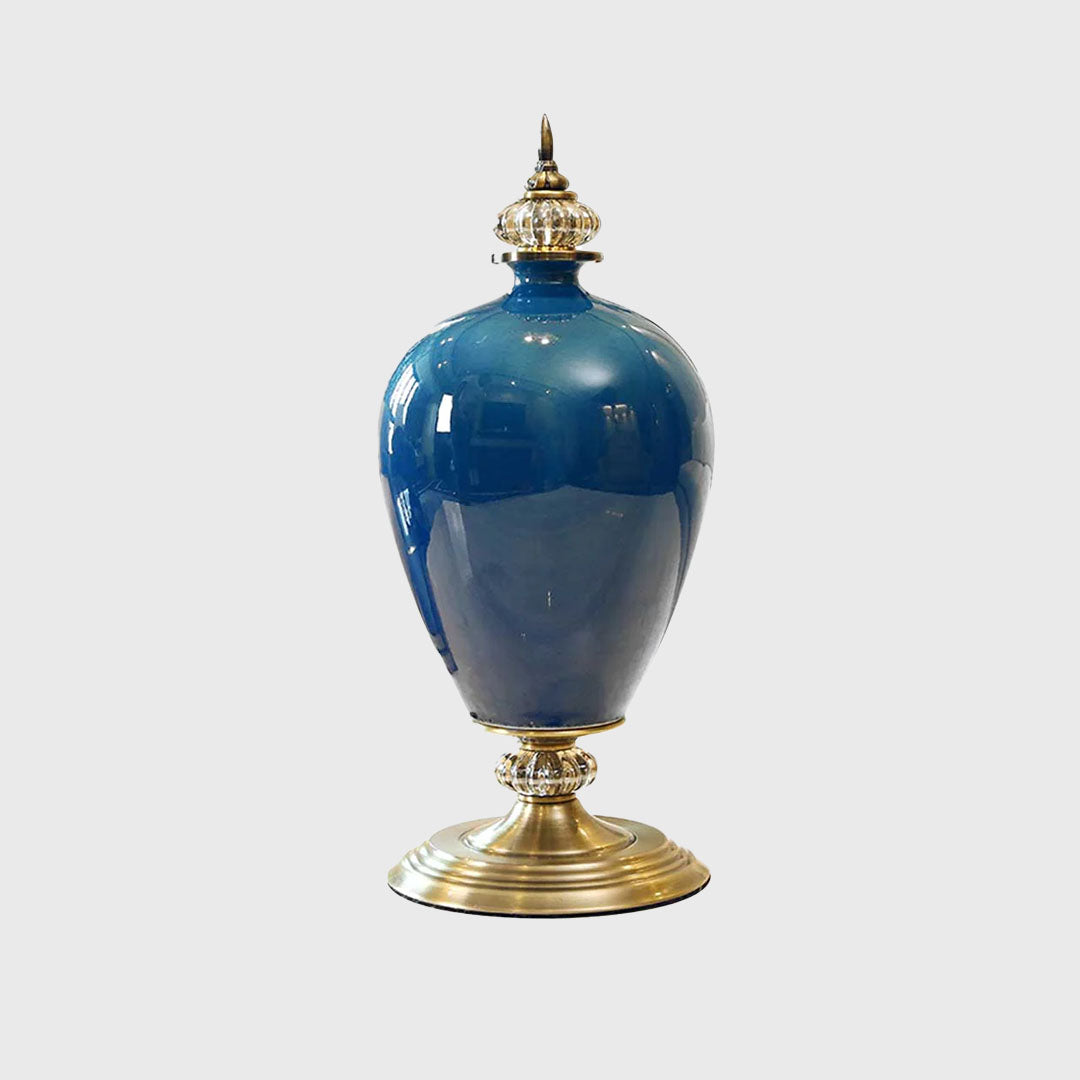 42cm Ceramic Vase with Gold Metal Base Dark Blue