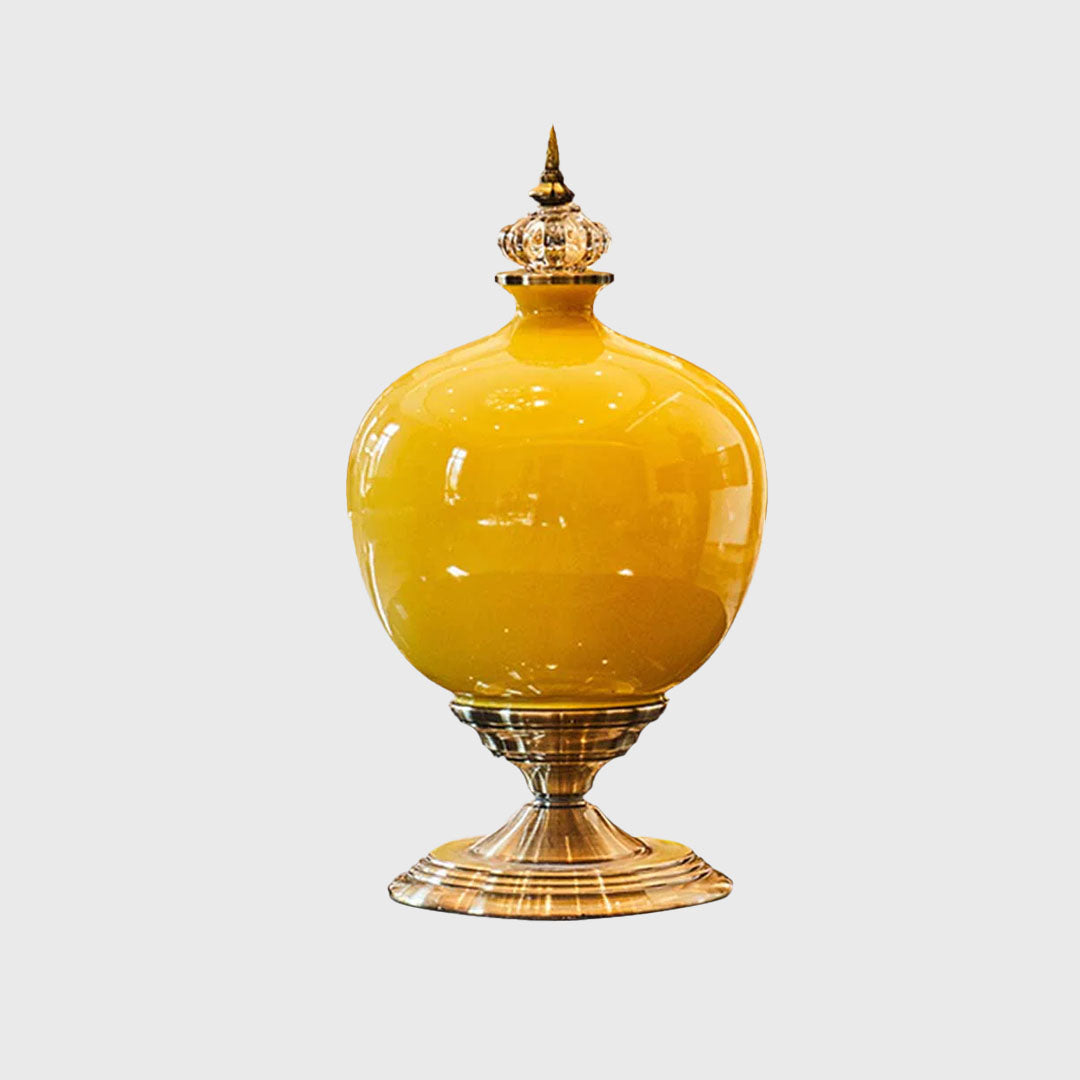 38cm Ceramic Vase with Gold Metal Base Yellow