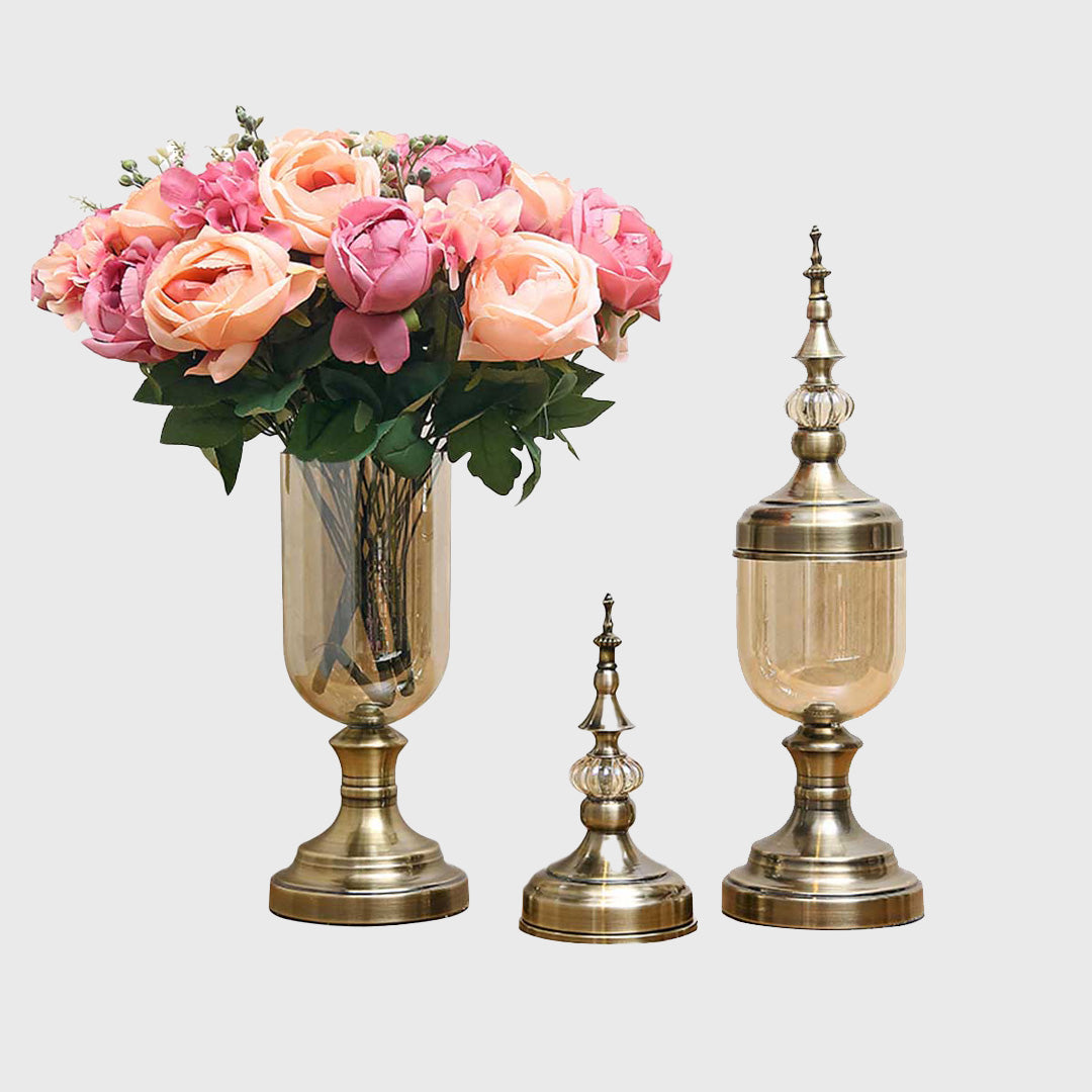 2x Clear Bronze Glass Vase with Lid and Pink Flower Set