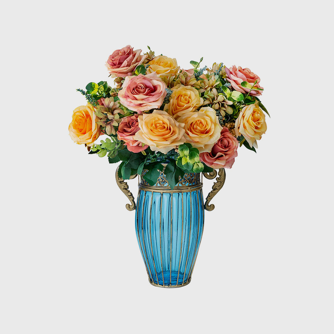 Blue Glass Flower Vase with 4 Bunch 11 Heads Artificial Silk Rose Set