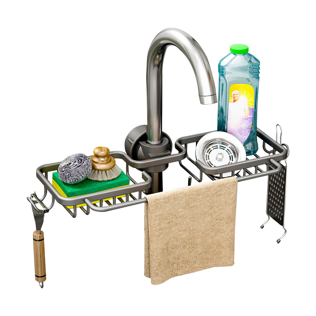 Dark Grey Kitchen Sink Faucet Organiser with Towel Bar Holder