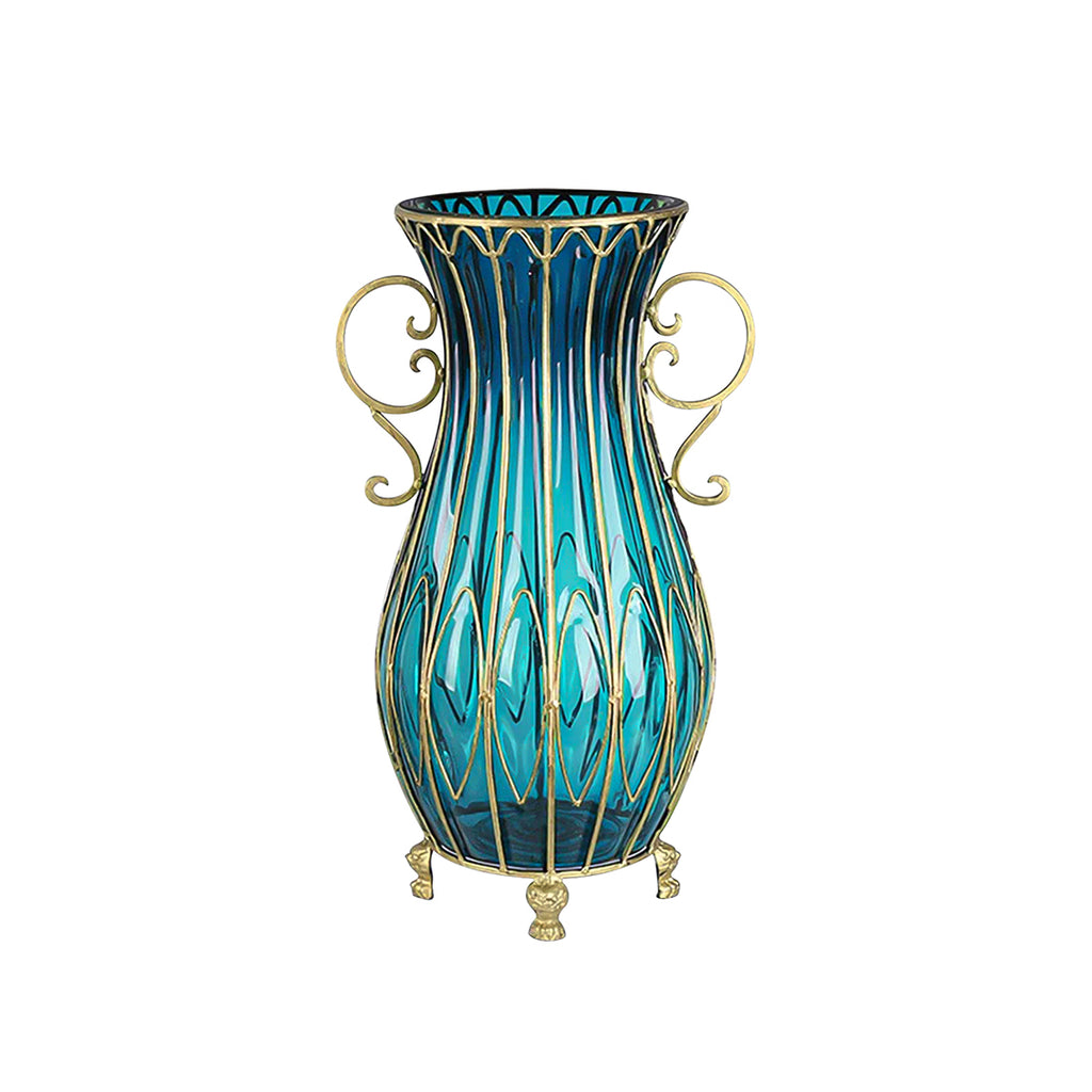 51cm Blue Glass Floor Vase with Metal Stand