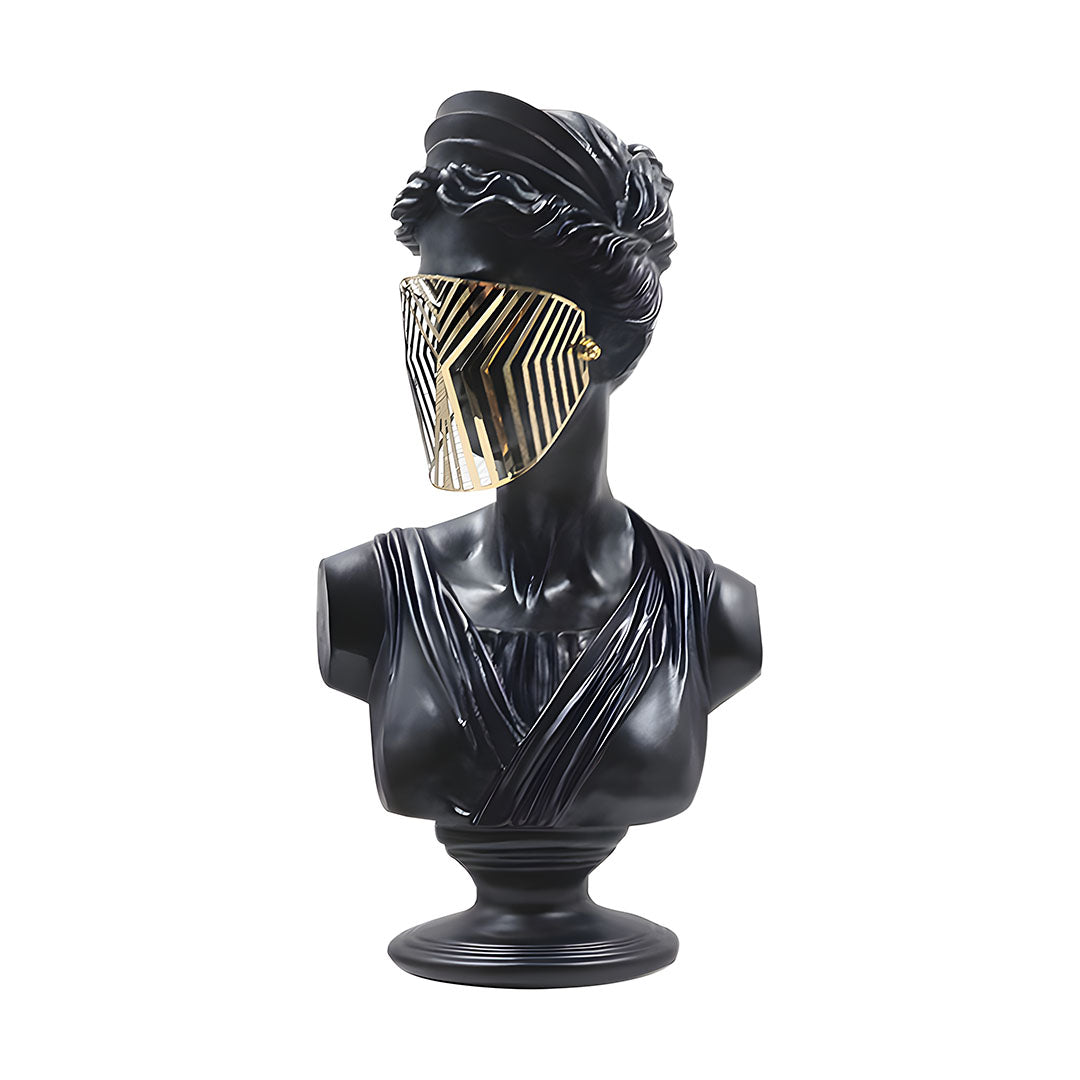 SOGA 40cm Black Classical Bust Sculpture Resin with Gold Striped Mask for Modern Home Décor