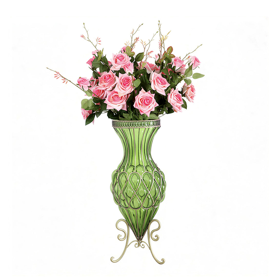 67cm Green Glass Floor Vase and 12pcs Pink Artificial Flower Set