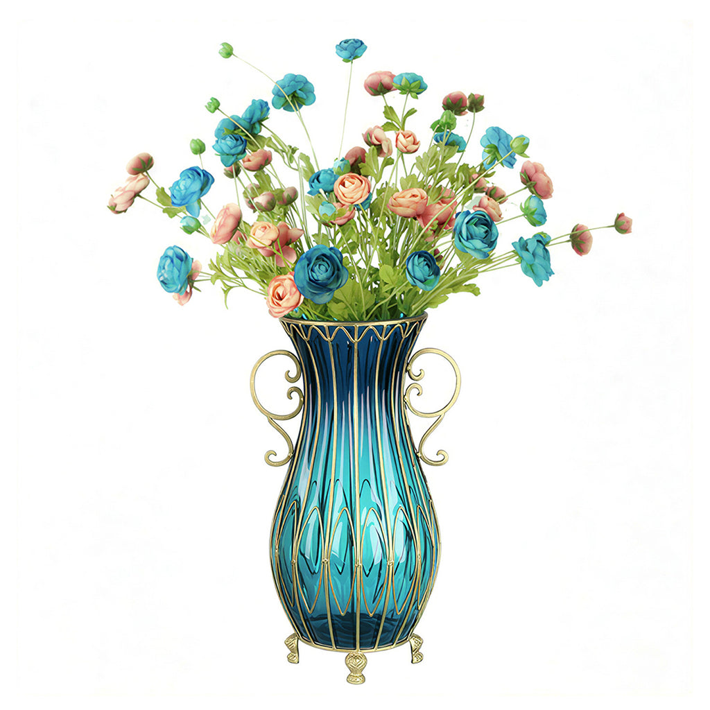 51cm Blue Glass Floor Vase with 12pcs Artificial Flower Set