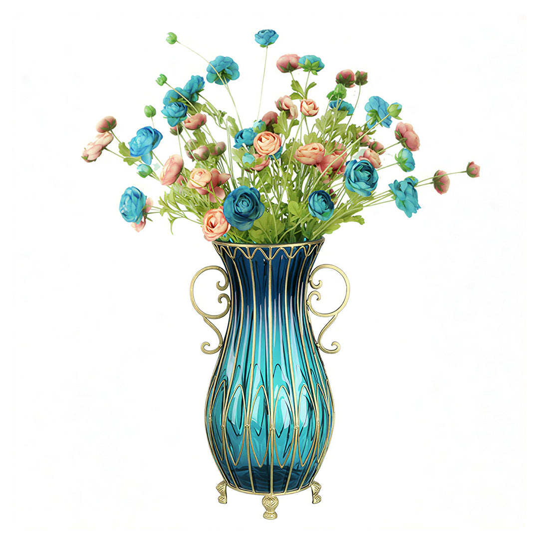 51cm Blue Glass Floor Vase with 12pcs Artificial Flower Set