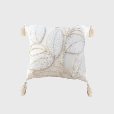 SOGA 45cm Wabi-sabi Cream Flower Cover & Beige Velvet Leaf Ring Square Throw Pillow