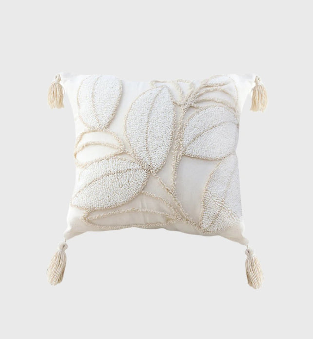 SOGA 45cm Wabi-sabi Cream Flower Cover & Beige Velvet Leaf Ring Square Throw Pillow