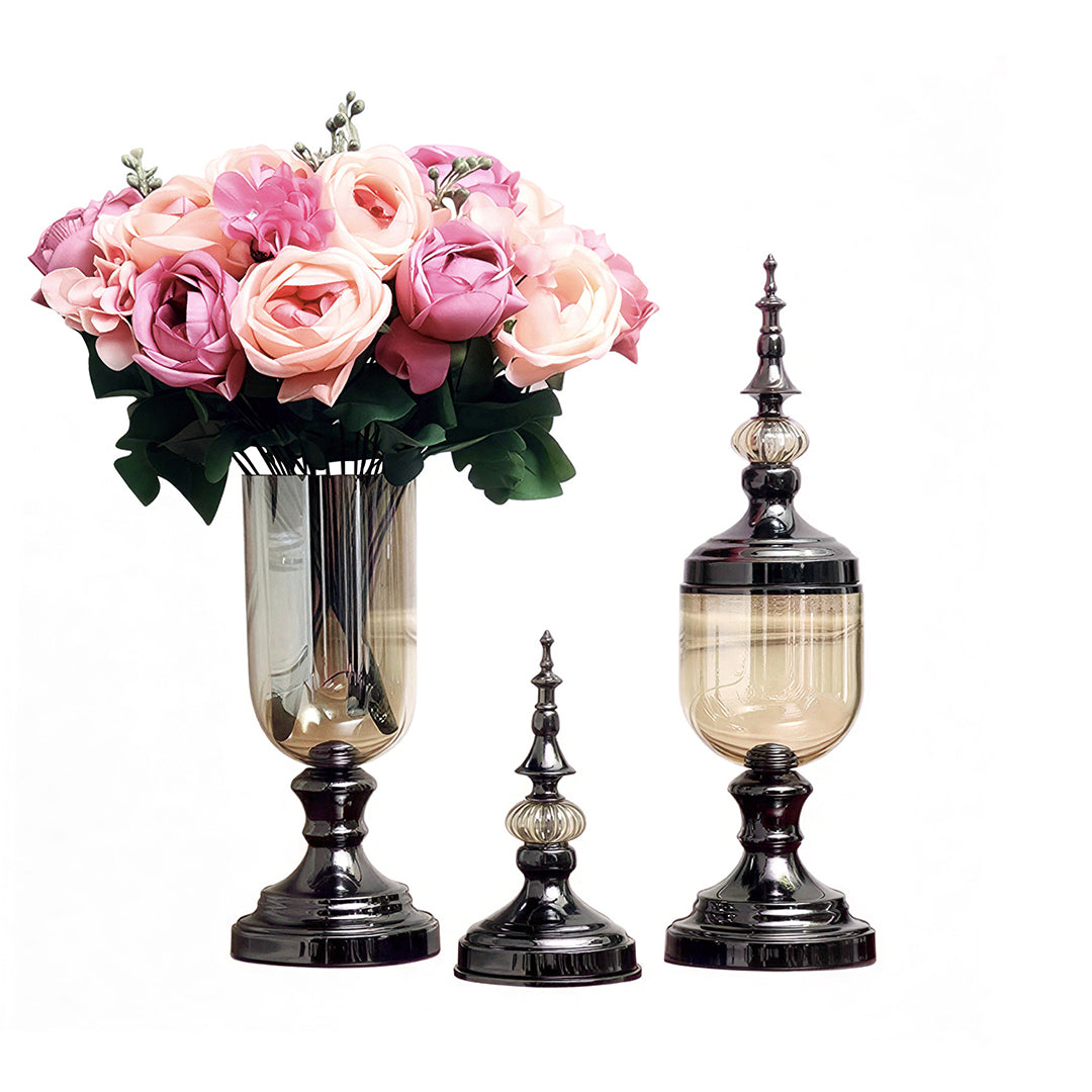 2x Clear Black Glass Vase with Lid and Pink Flower Set