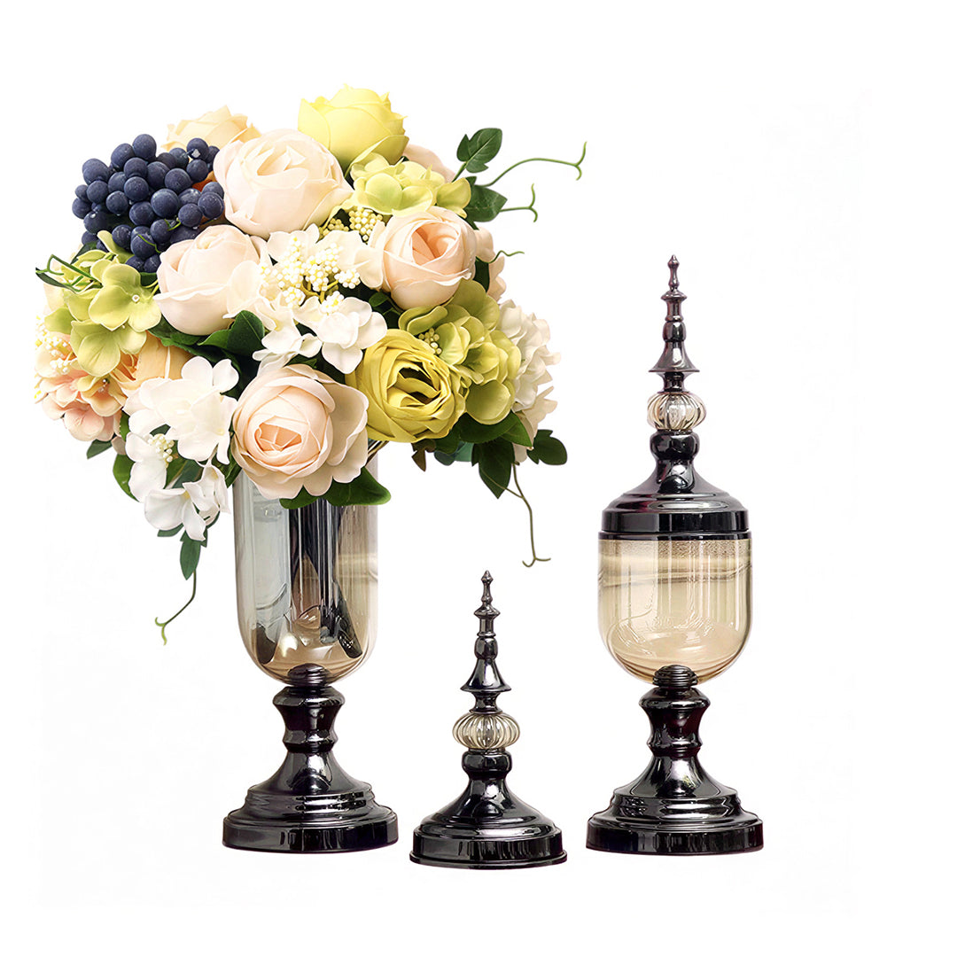 2x Clear Black Glass Vase with Lid and White Flower Set
