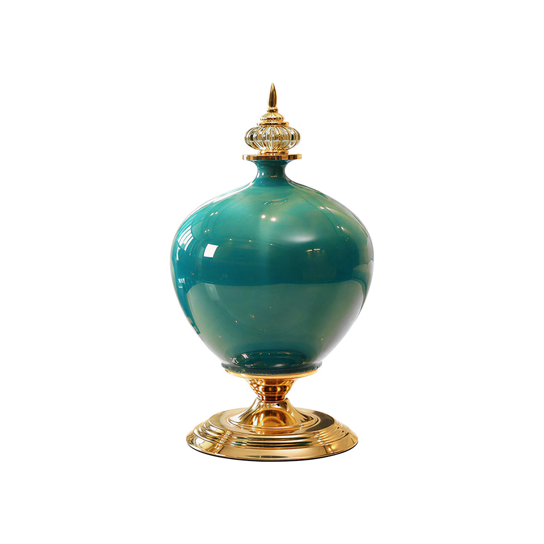 38cm Ceramic Vase with Gold Metal Base Green