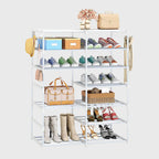 12-Shelf Tier Shoe Storage with Side Hooks White