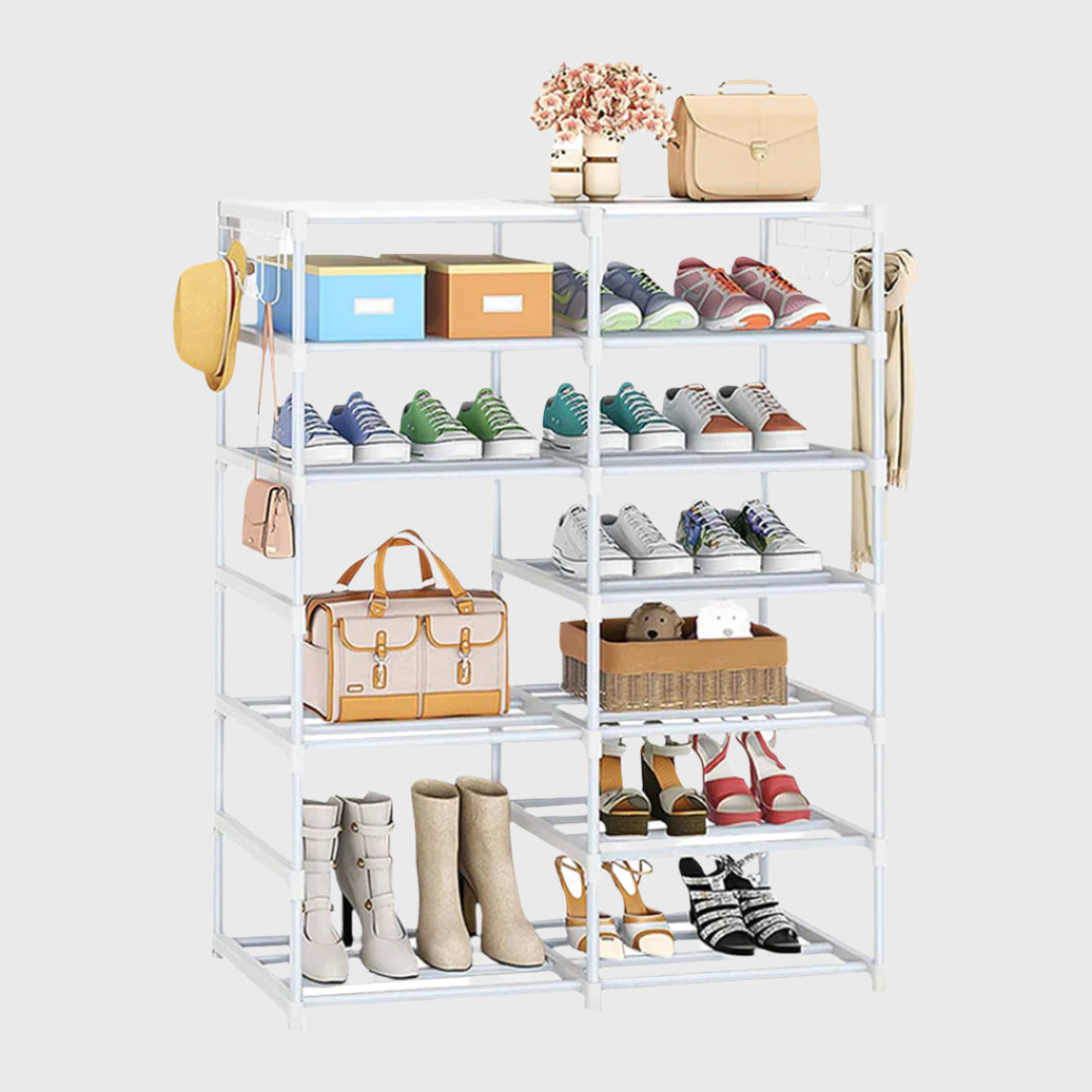 12-Shelf Tier Shoe Storage with Side Hooks White