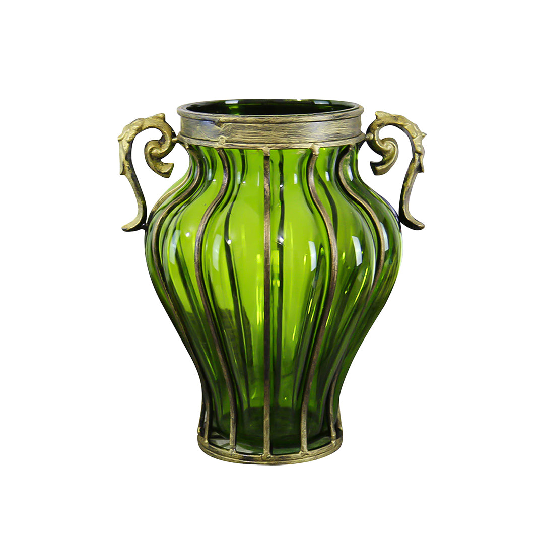 Green European Glass Flower Vase with Two Metal Handle