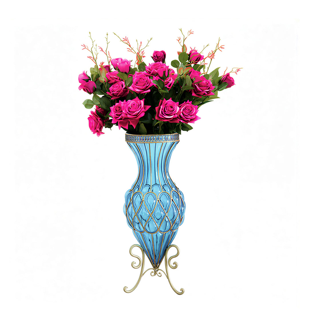 67cm Blue Glass Floor Vase and 12pcs Dark Pink Artificial Flower Set