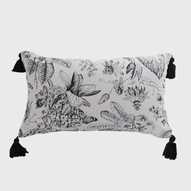 SOGA 35cm Throw Pillow  Black and White Floral Print Elegant with Tassel