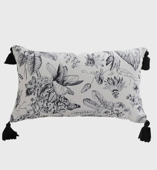 SOGA 35cm Throw Pillow  Black and White Floral Print Elegant with Tassel