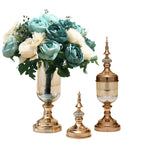 2x Clear Gold Glass Vase with Lid and Blue Flower Set