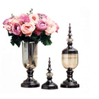 2x Clear Black Glass Vase with Lid and Pink Flower Set