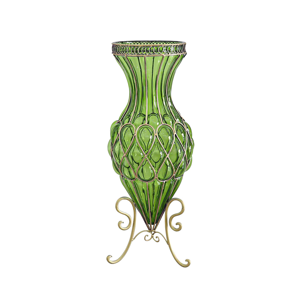 67cm Green Glass Floor Vase with Metal Stand