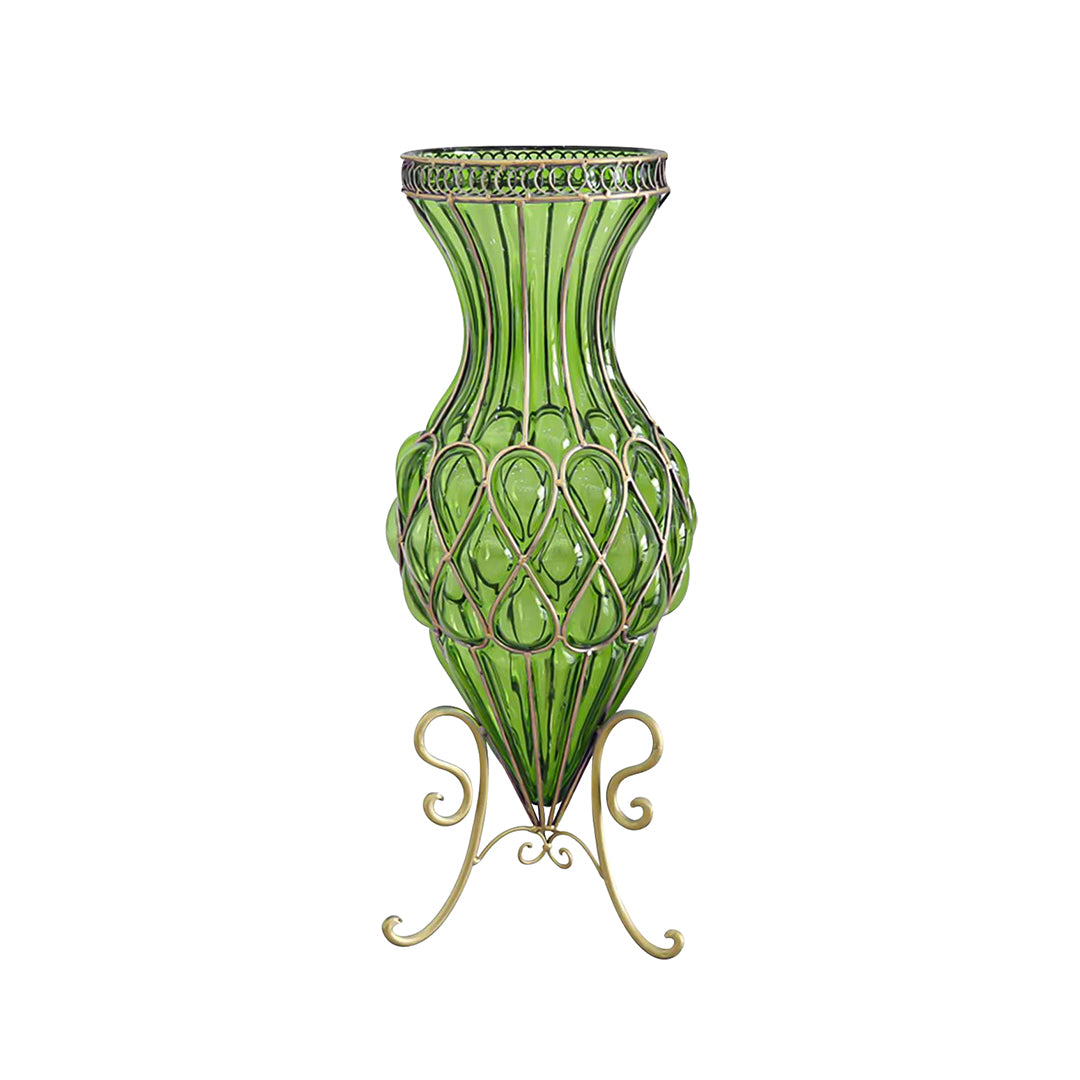 67cm Green Glass Floor Vase with Metal Stand