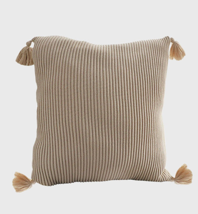 SOGA 45cm Khaki Wabi-Sabi Raised Pillow Cotton Striped Large Tassel Square Pillow Throw Pillow