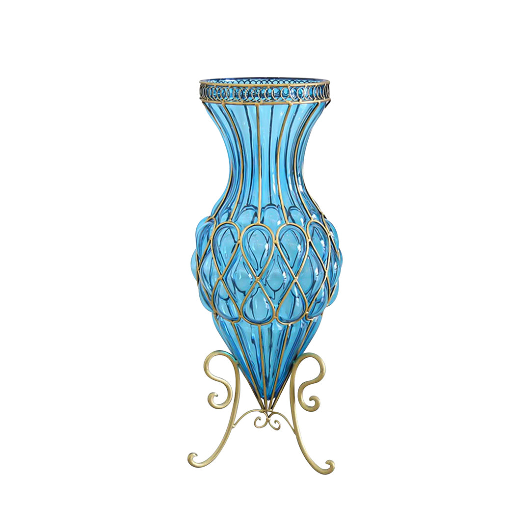 67cm Blue Glass Floor Vase with Metal Stand