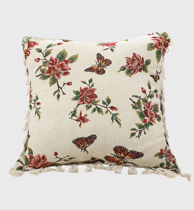 SOGA 45cm Creamy White French Vintage Butterfly Loves Flowers Tassel Throw Pillow