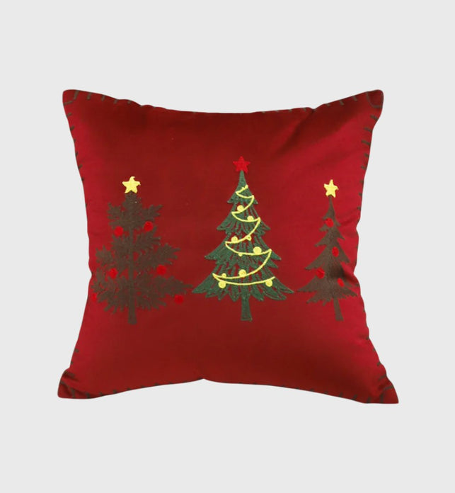 SOGA 45cm Burgundy Red Throw Pillow with Three Embroidered Christmas Trees