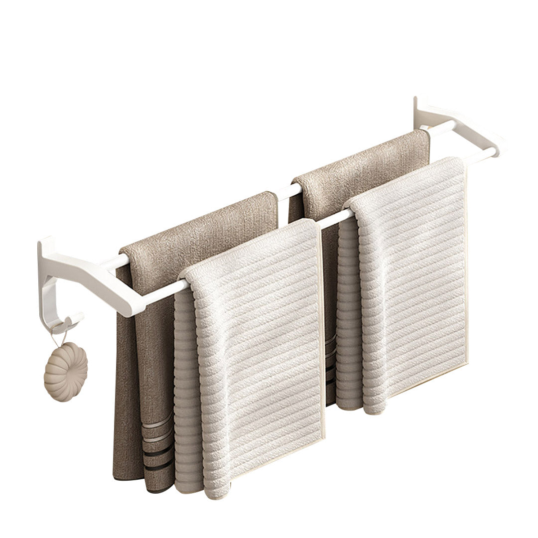52cm White Wall-Mounted Double Pole Towel Holder with Hooks