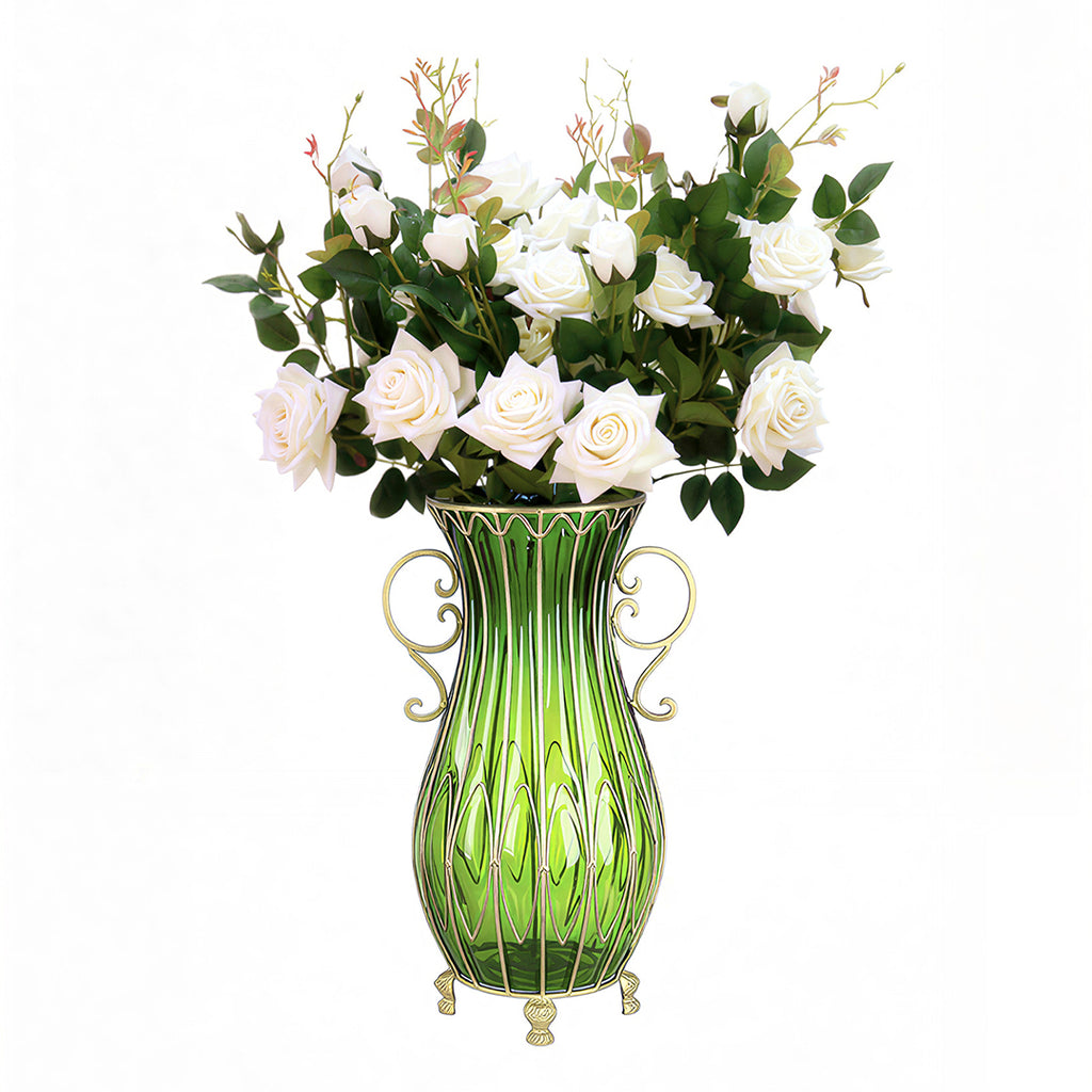 51cm Green Glass Floor Vase with 12pcs White Artificial Flower Set