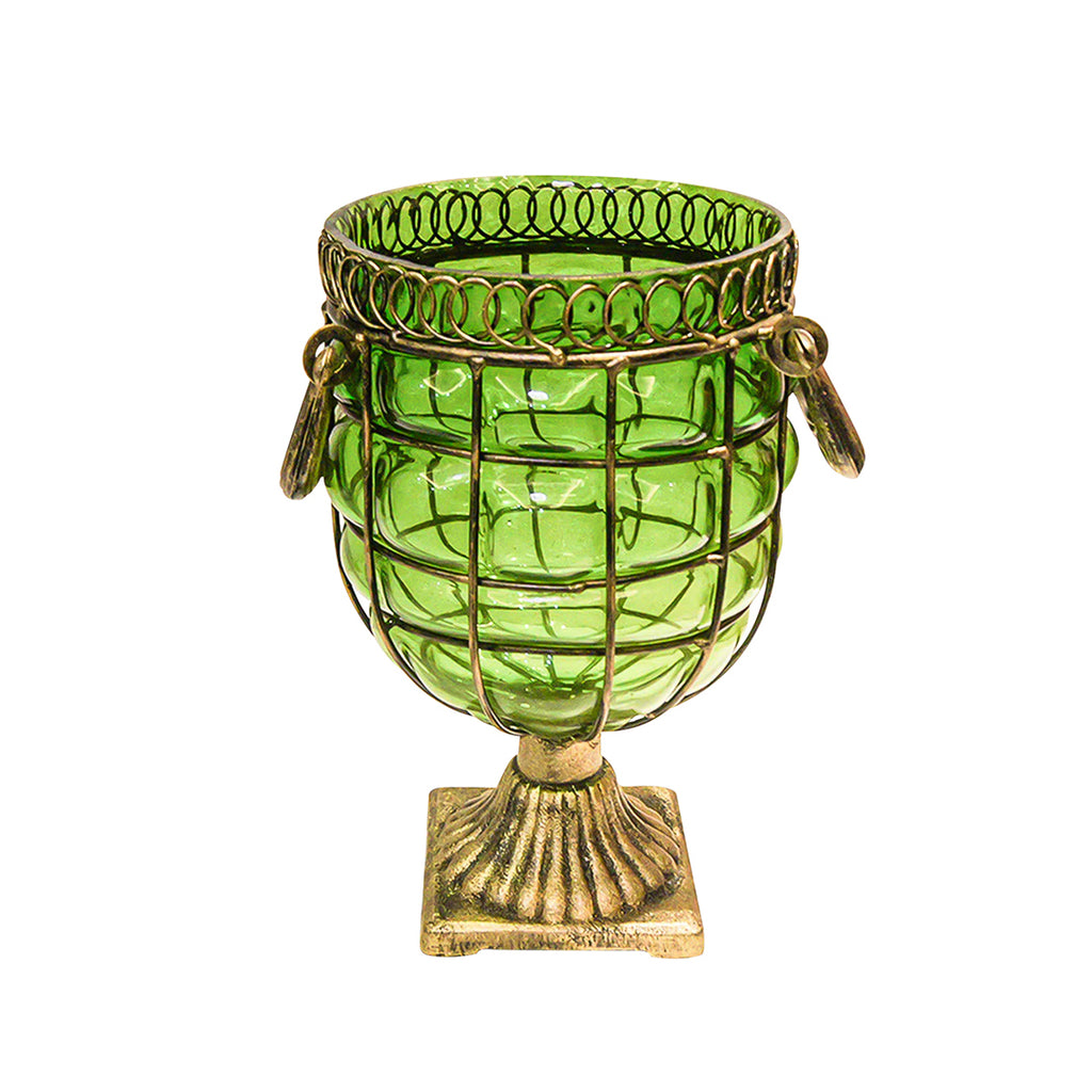 Green European GlassFlower Vase with Metal Handle