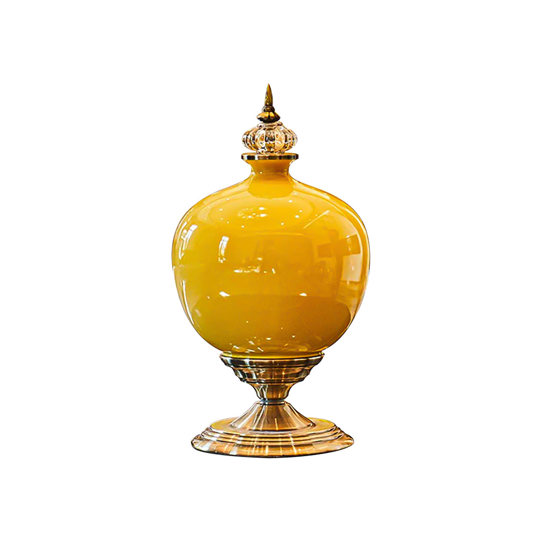 38cm Ceramic Vase with Gold Metal Base Yellow