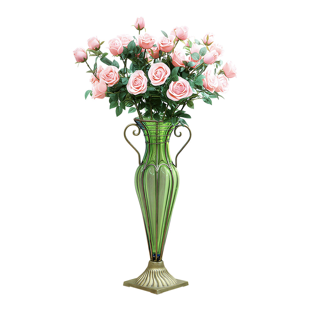 Green Glass Flower Vase with 8 Bunch 5 Heads Artificial Silk Rose Set
