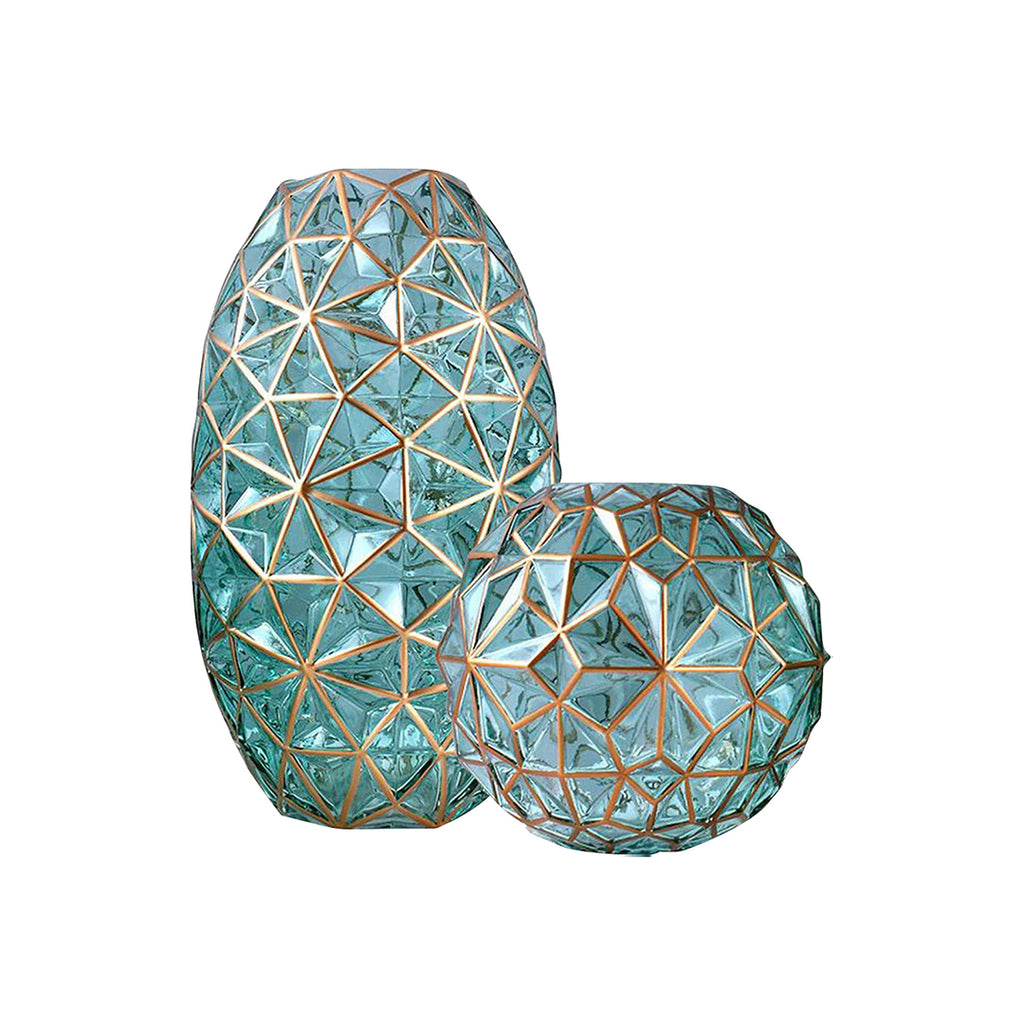 Green Diamond Cut Glass Flower Vase with Gold Accent