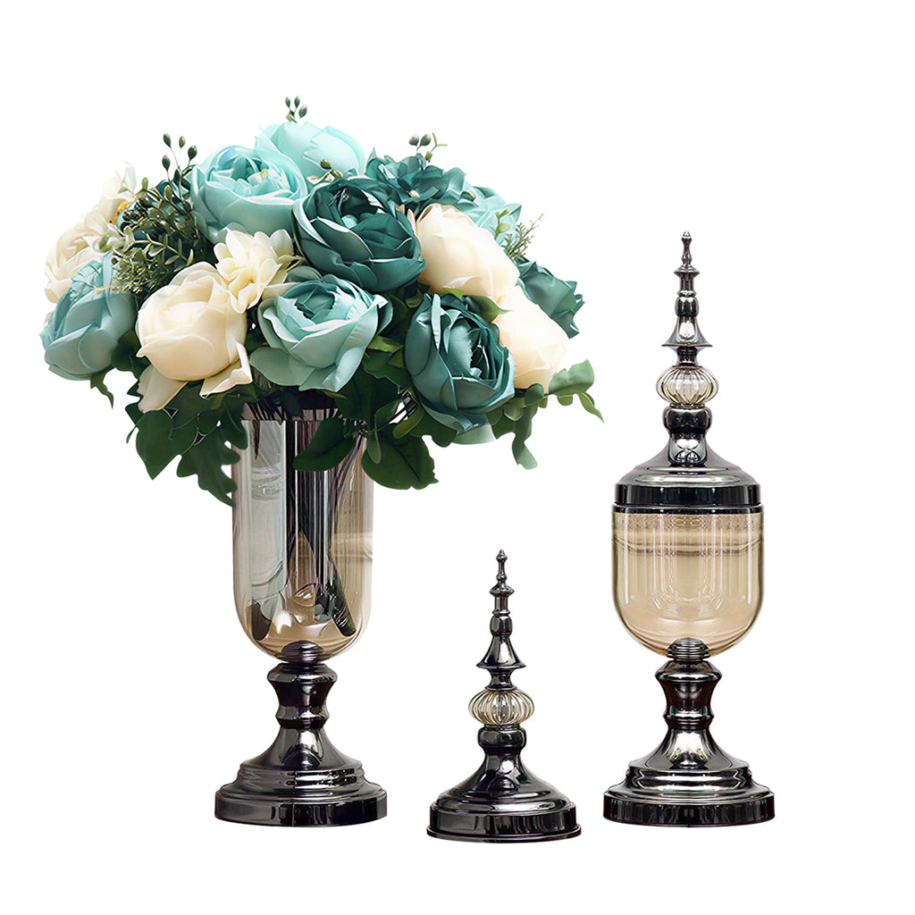 2x Clear Black Glass Vase with Lid and Blue Flower Set