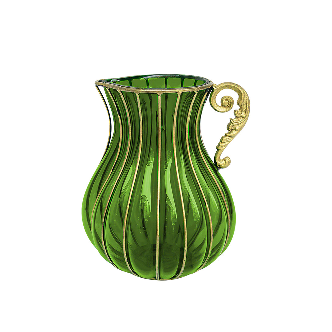 Green European Glass Flower Vase with Metal Handle