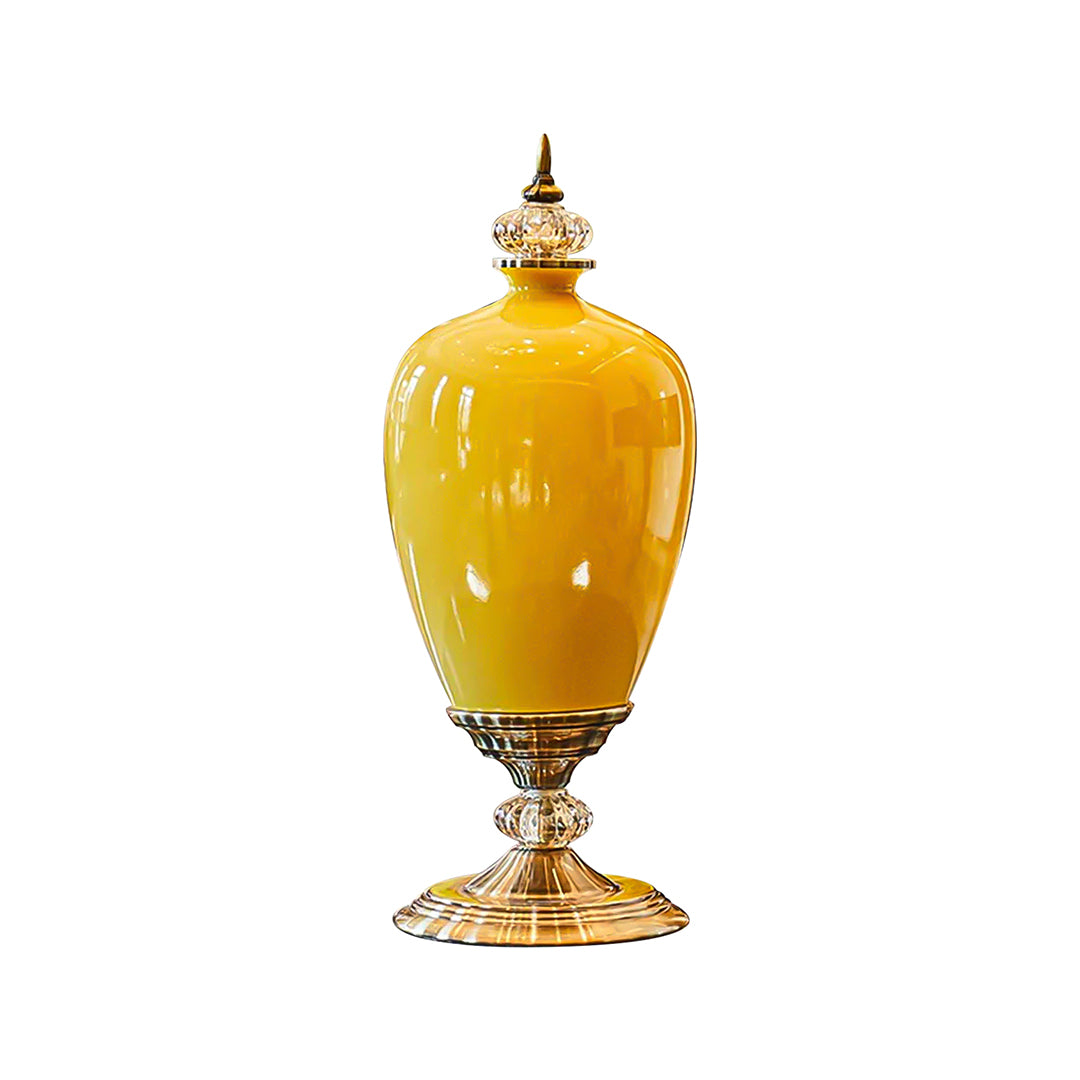 42cm Ceramic Vase with Gold Metal Base Yellow