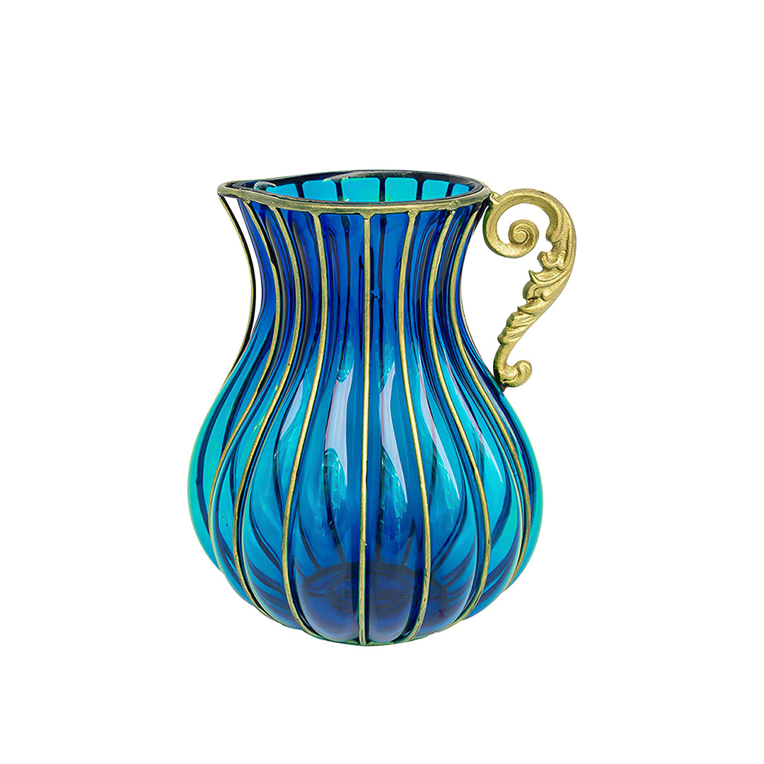 Blue European Glass Flower Vase with Metal Handle