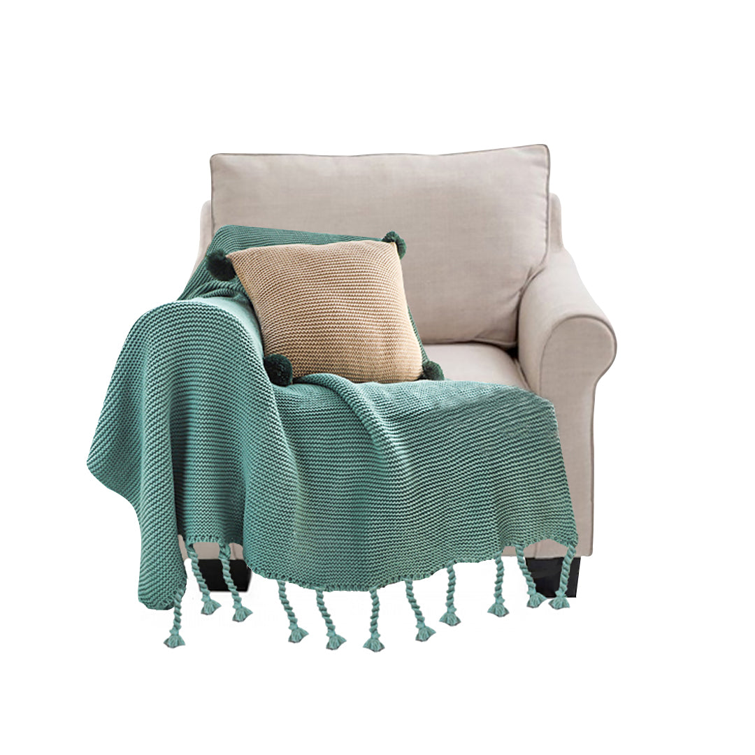 Green Tassel Fringe Knitted Throw Blanket