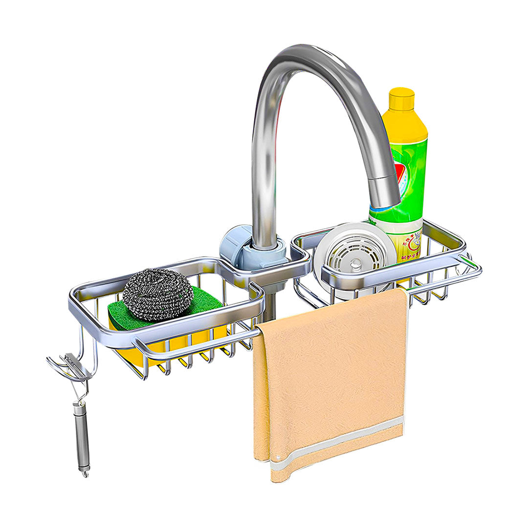 Silver Kitchen Sink Faucet Organiser with Towel Bar Holder