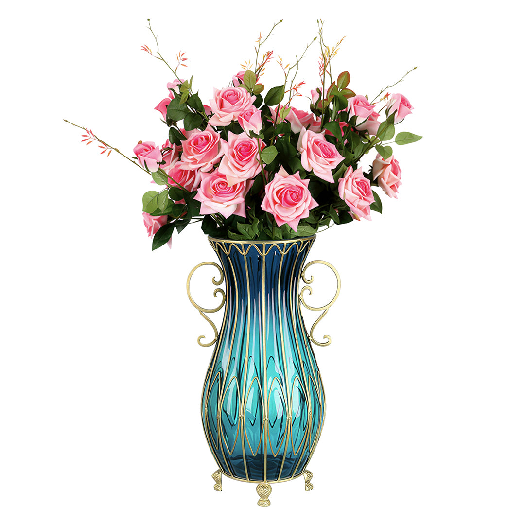 51cm Blue Glass Floor Vase with 12pcs Pink Artificial Flower Set
