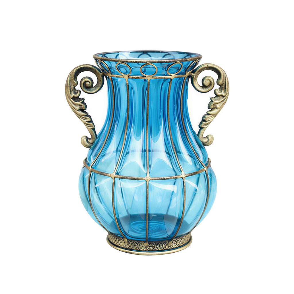 Blue European Glass Flower Vase with Two Metal Handle