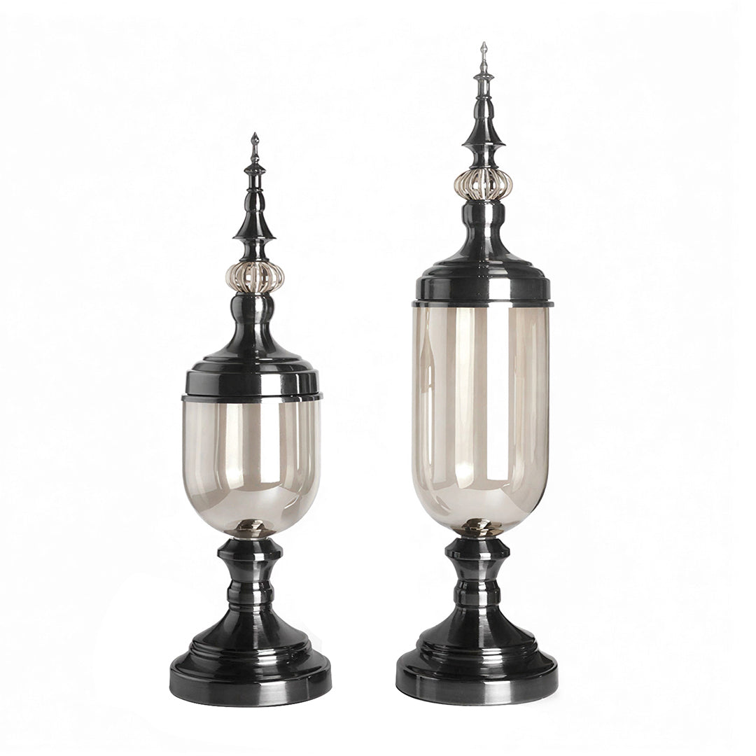 2x Clear Black Glass Vase with Lid Set